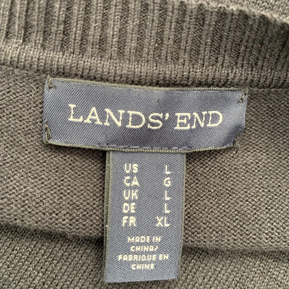 Lands End Black V Neck Sweater Men Large Long Sleeve Cotton Nylon Classic Preppy